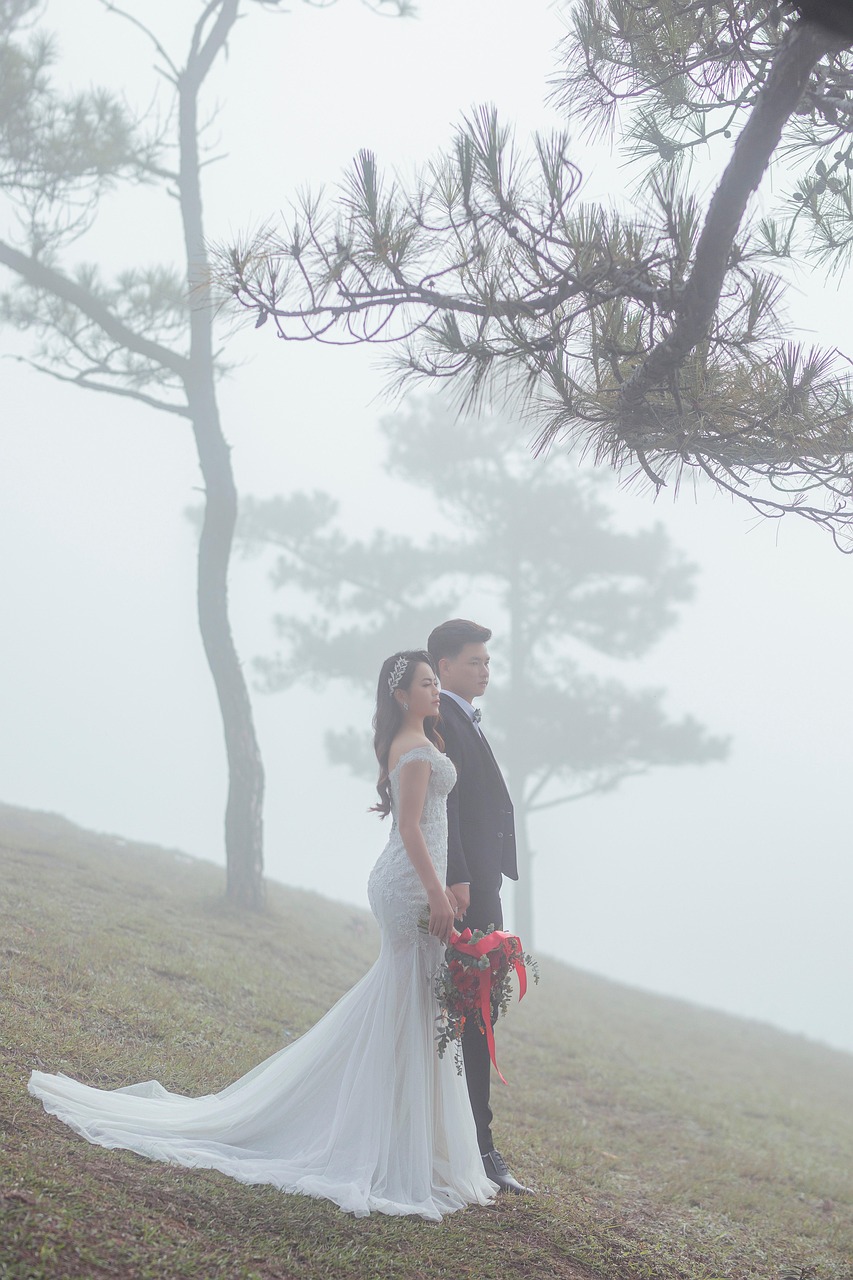 couple, wedding, fog, forest, bride, groom, romantic, newly married, wedding day, husband, wife, man, woman, love, park, happy, nature, relationship, outdoors, portrait